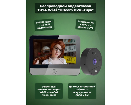 Беспроводной видеоглазок TUYA Wi-Fi "HDcom DW6-Tuya" с записью и датчиком движения
